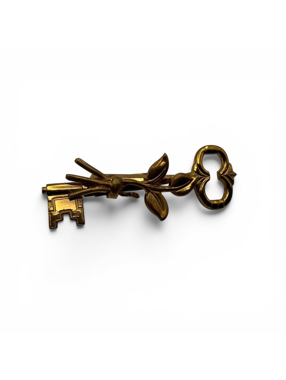 Vintage Gold Tone Key Shaped Brooch Pin with Leaf Detail